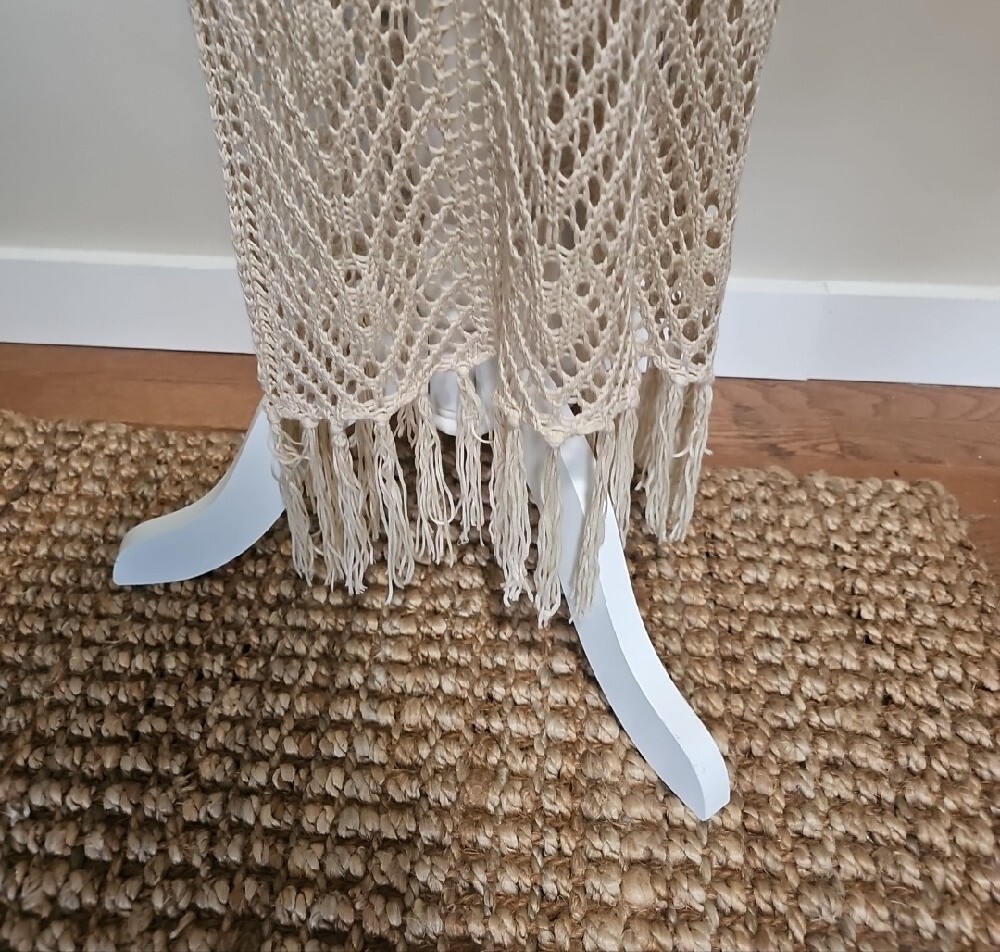 Crochet Maxi Dress / Swimsuit Cover-up in Beige with Fringe - Picture 3 of 6